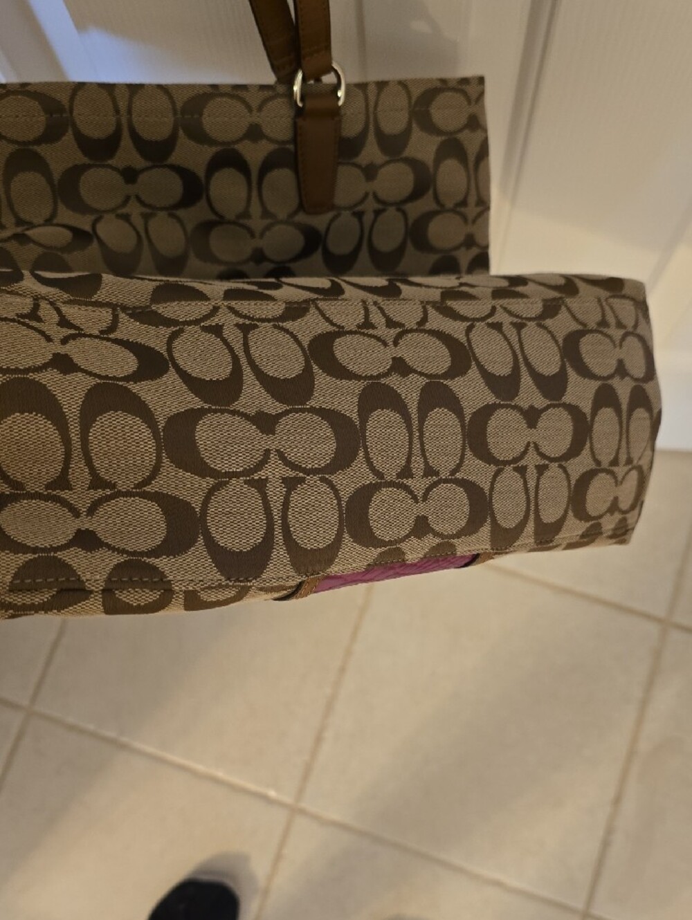 Coach Tan Signature Canvas Tote with Pink Center Panel - Picture 6 of 8